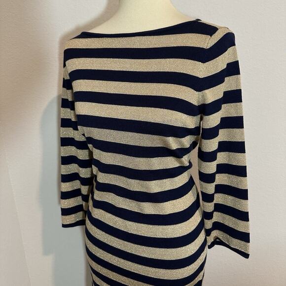 Ralph Lauren Sweater Dress Neutral Metallic Stripes Midi Office Bodycon Casual - Picture 7 of 12